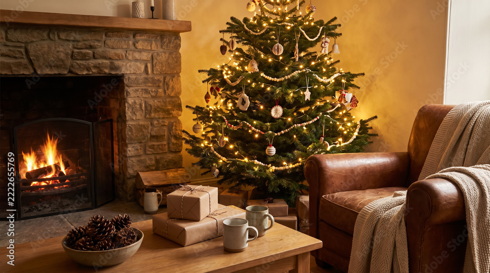 Naklejka premium Cozy Christmas living room interior with lit fireplace decorated tree armchair and gifts.