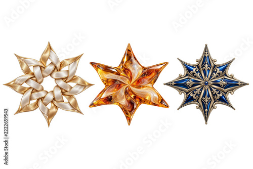 3D Decorative Star Ornaments Collection in Gold, Amber Crystal and Royal Blue Silver, Isolated on Black Background