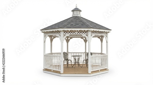 White wooden gazebo with table and chairs isolated on white background