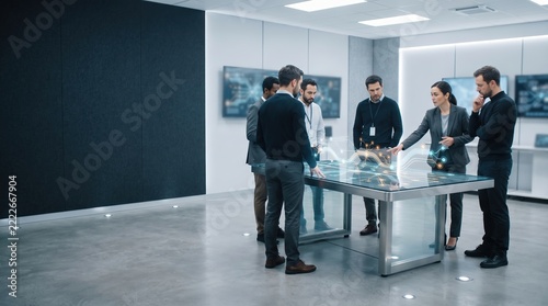 Business team collaborating at futuristic digital communications hub in modern secure facility