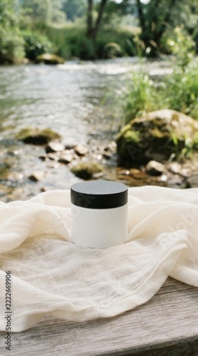 Blank white cosmetic cream jar on a soft cloth, natural river background with flowing water.