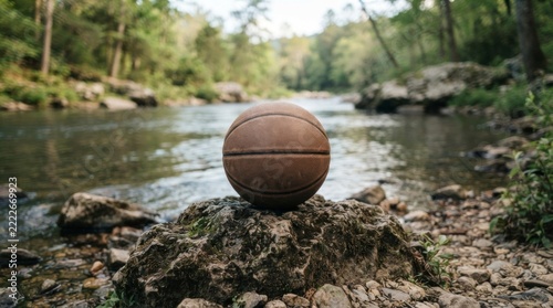 Worn basketball resting on a rock by a river, peaceful nature scene with forest background.