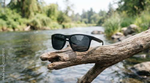 Black sunglasses resting on a weathered tree branch, blurred river and forest landscape in background.