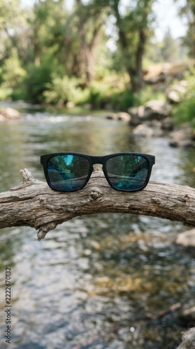 Black sunglasses resting on a driftwood branch, river flowing in a blurred natural forest background.