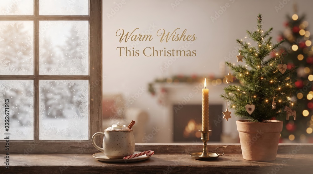 Naklejka premium Cozy Christmas scene with decorated fir tree, candle, and hot chocolate by frosted window