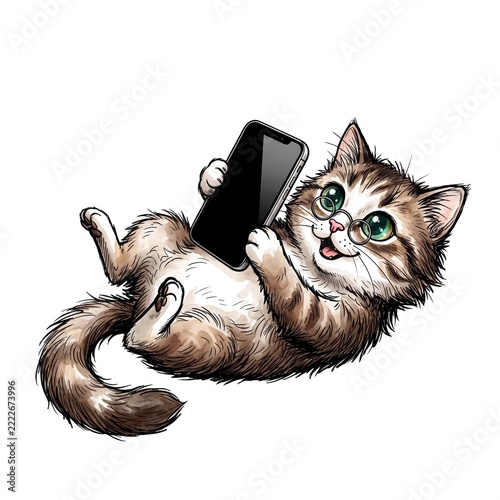 Cream gray longhair kitten holding upright black smartphone while reclining, fine pencil artwork isolated on white background, square format, mobile communication campaign
