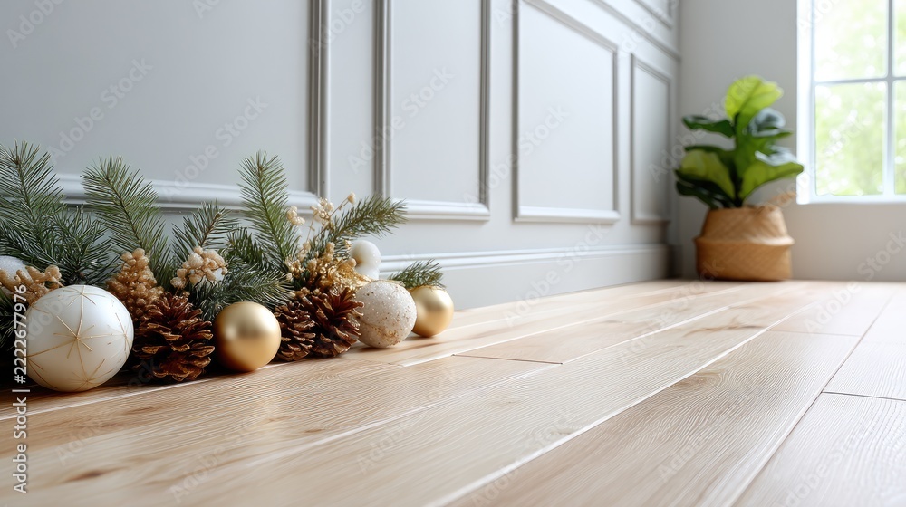 Naklejka premium A garland adorned with shiny ornaments and pine cones decorates a fireplace mantle, creating a warm and inviting holiday atmosphere