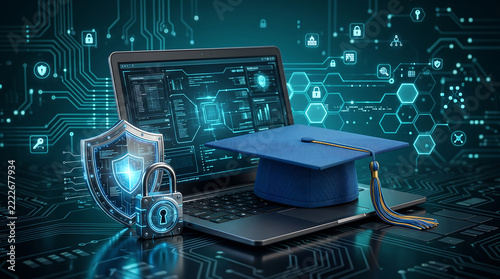 Graduation cap sits on an open laptop with digital security icons