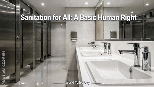 Poster for World Toilet Day with Sanitation for All: A Basic Human Right slogan and public restroom with metal stalls.