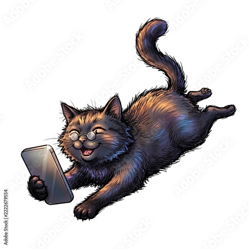 Expressive dark fluffy cat holding a black smartphone, painterly digital illustration isolated on white background, square format, mobile communication, social media marketing