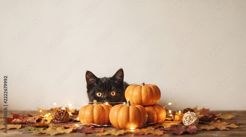 Naklejka premium Black cat peeking behind pumpkins and autumn leaves with fairy lights