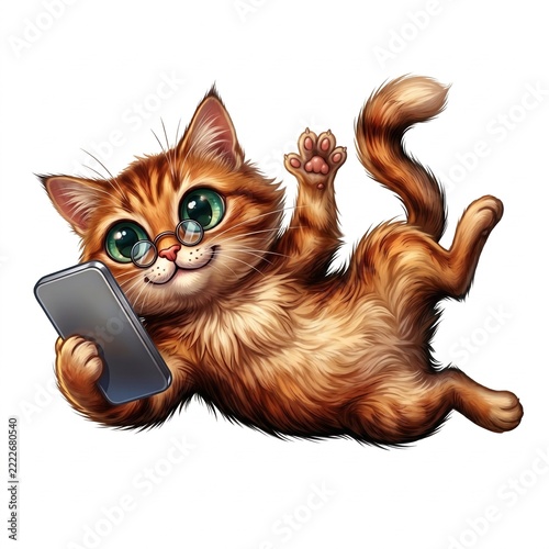 Ginger fluffy cat wearing round glasses and holding a gray smartphone, soft digital painting isolated on white background, square format, connected lifestyle and mobile technology