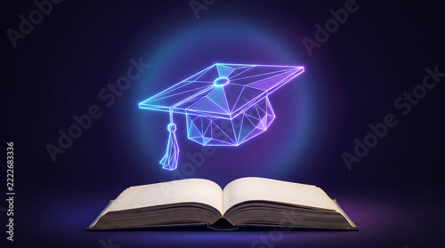 Neon holographic graduation cap floating above an open book