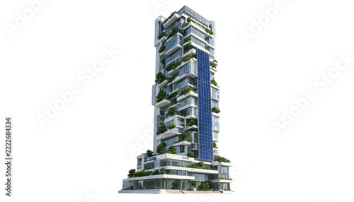 Modern eco friendly skyscraper with vertical gardens and green architecture isolated on white background