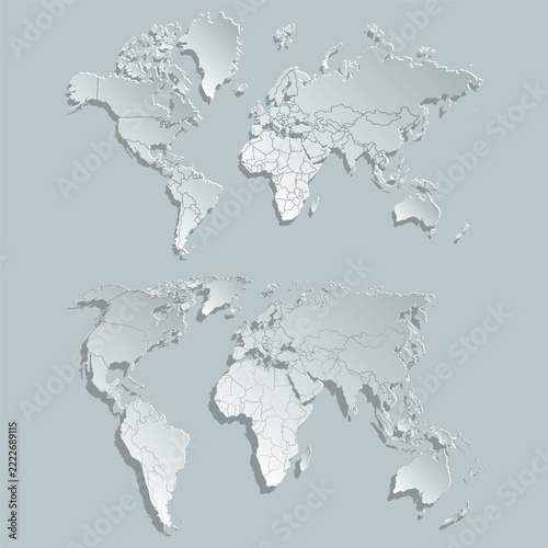 Stylized 3D world map with shadows and country borders; minimalist decor for interiors, presentations