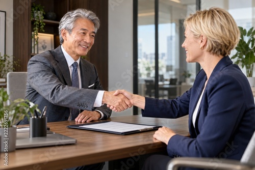 Financial advisor and investor shaking hands after a successful office negoti...