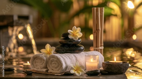 Relaxing Spa Still Life with Hot Stones, White Towels and Candles