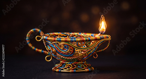 Creative Diwali Oil Lamp Made of Colorful Wires with Glowing Flame on Dark Background