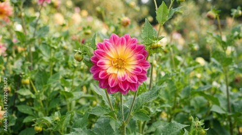 Dahlia bloom standing tall among stems in garden scene