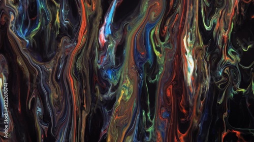 Abstract art of painting. Deep layering of paints of different colors on a dark background. Free flow of paint.