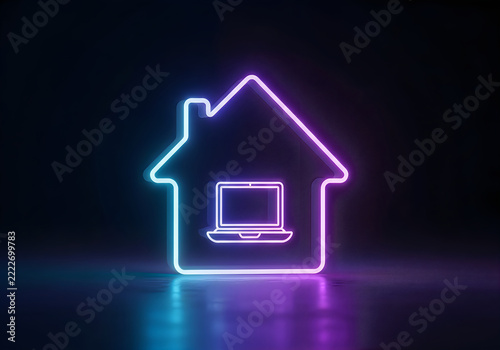 Glowing neon house icon with a laptop computer inside representing remote work from home concept on a dark background