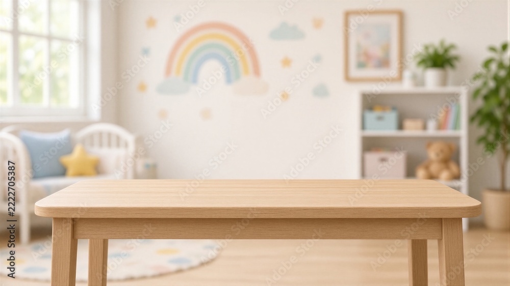 Fototapeta premium Wooden table top with rainbow mural in children's nursery