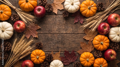 Autumn harvest flat lay with pumpkins, apples and maple leaves on dark wood, copy space
