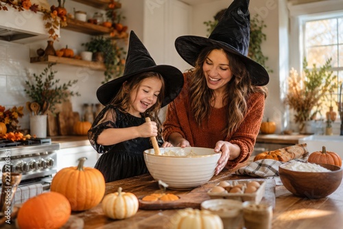 Mother and Daughter in Witch Hats Laugh while Mixing in an Autumn Kitchen