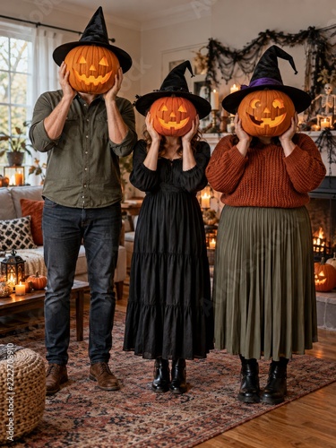 Three People in Witch Hats Holding Carved Pumpkins over Their Faces Indoors