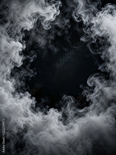 Curling White Smoke Framing an Empty Black Center in a Dramatic Halloween Bac...