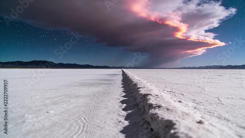 Leading raised salt ridge running across vast saltpan toward distant peaks, with storm cloud