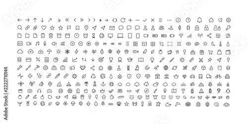 Dense monochrome outline icon library arranged in a grid on a clean white background
