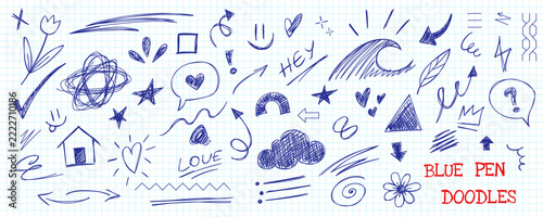 Hand drawn blue pen doodle vector set on notebook paper. Ballpoint pen scribble elements for notes design, scrapbooking and school banner. Blue ink.