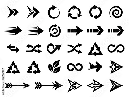 Modern black arrow vector set for branding, corporate identity logos, tech UI design, and infographics