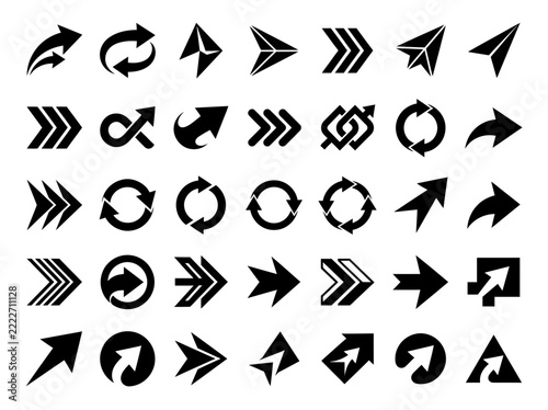 Set of modern black arrow icons, reload cycle, infinite loop symbol, target arrow, and progress graphics