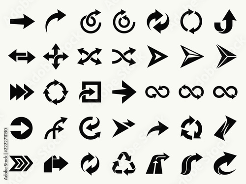 Minimalist arrow vector icon set, black direction pointers, cross arrows, and cursor marks for graphic design