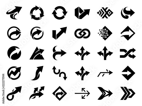 Modern black arrow icon set, shuffle, sync, target, and navigation vector elements for tech UI design
