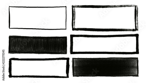 Fotografie Hand-Drawn Rectangular Frames: A collection of six hand-drawn rectangular frames, varying in thickness and texture, including solid black and white filled rectangles, presented on a clean backdrop