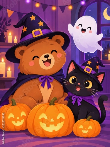 Cute Bear and Black Cat in Witch Hats with Pumpkins and a Friendly Ghost