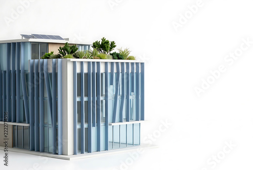 Modern building model showcasing sustainable architecture and green roof