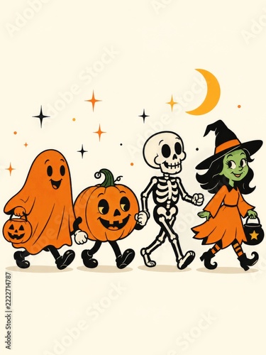 Four Retro Halloween Characters Walking on Cream with Ghost Pumpkin Skeleton ...