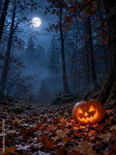 Glowing Pumpkin on Autumn Forest Floor beneath Blue Mist and Pale Moon