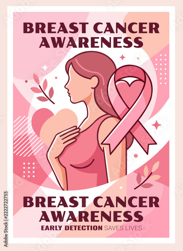 Breast cancer awareness month poster vector with pink ribbon, female silhouette, and early detection message for healthcare campaign.