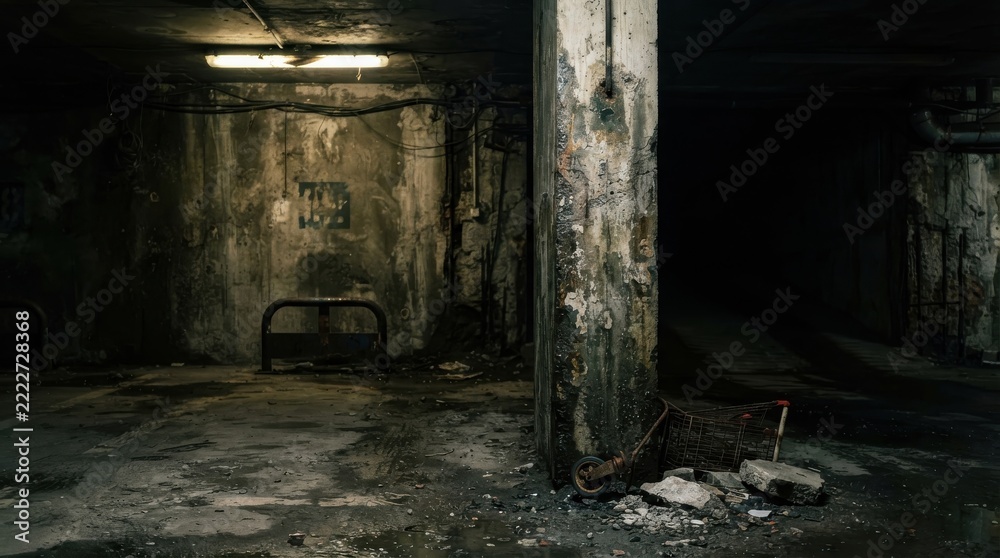 Fototapeta premium Dark and abandoned industrial underground parking garage with concrete pillars