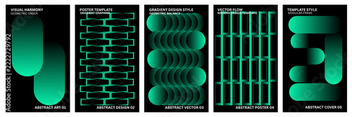 Emerald Mint Green Gradient Poster Set, Modern Abstract Geometric Vector Cover Templates with Pillar Columns, Brick Grids, and Wave Spheres