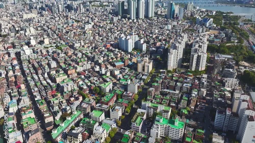 Aerial Drone View of Mangwon-dong Residential Area and Urban Alleyways in Mapo-gu, Seoul, South Korea