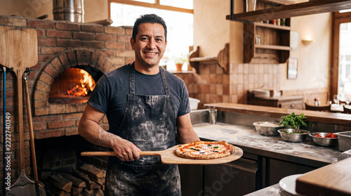 Latino pizzeria owner smiling at camera