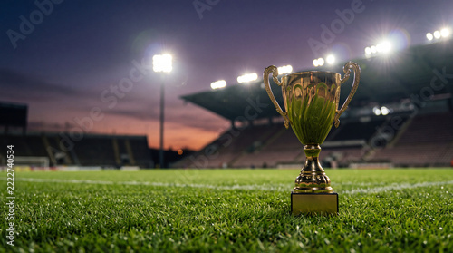 Golden trophy on soccer field under stadium lights