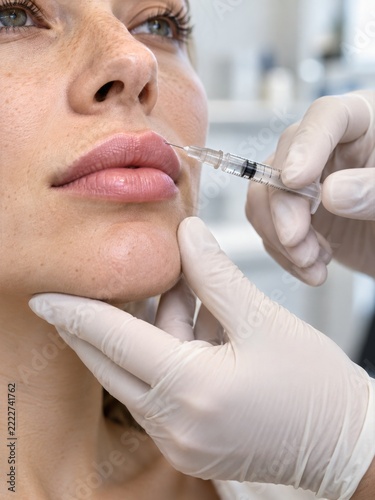 Gloved clinician steadies a woman's chin during a cosmetic lip injection
