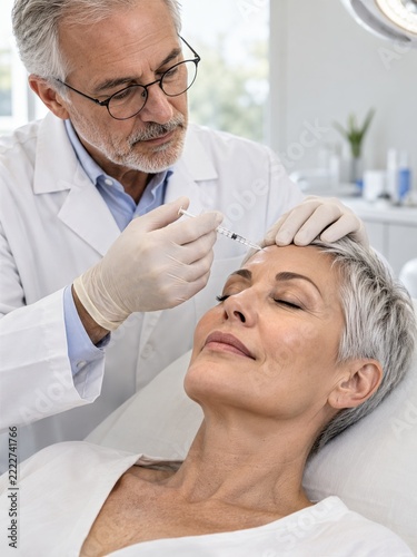 Clinician performs a forehead cosmetic injection for a relaxed mature woman